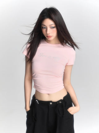 Retro blue short-sleeved slim top