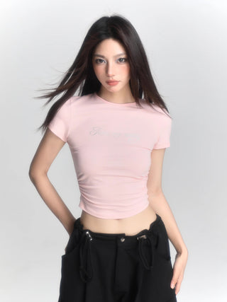 Retro blue short-sleeved slim top