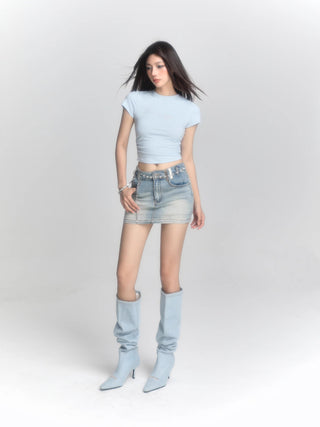 Retro blue short-sleeved slim top