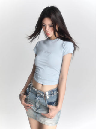 Retro blue short-sleeved slim top