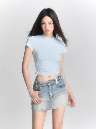 Retro blue short-sleeved slim top