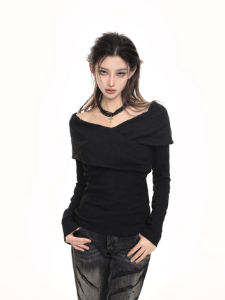 V-neck cross shoulder knitted sweater