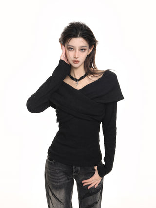 V-neck cross shoulder knitted sweater