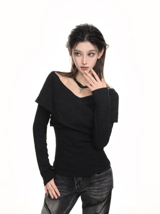 V-neck cross shoulder knitted sweater