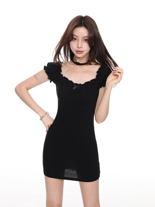 Black square collar short-sleeved dress