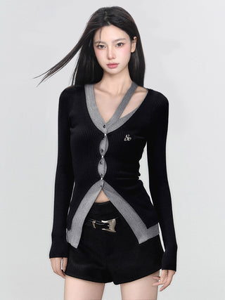 Fake two-piece short long-sleeved knitted cardigan