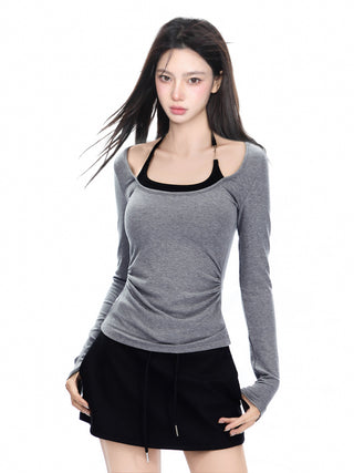 Fake two-piece halter neck long-sleeved T-shirt