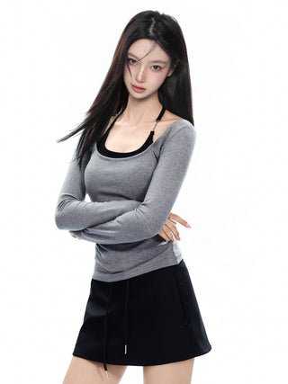 Fake two-piece halter neck long-sleeved T-shirt