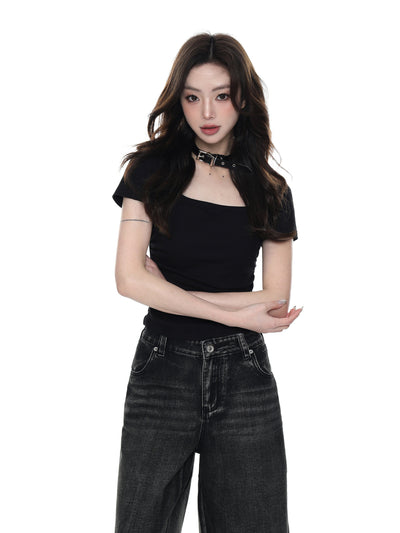 Square collar short-sleeved T-shirt