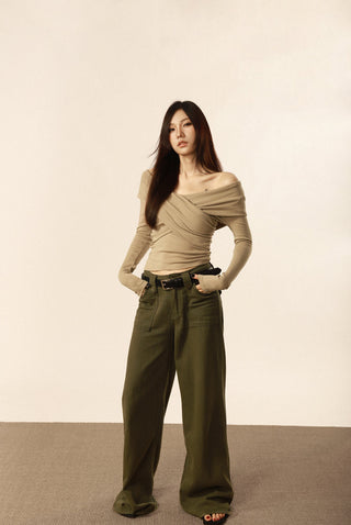 V-neck cross long-sleeved top