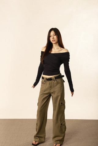 V-neck cross long-sleeved top