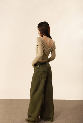 V-neck cross long-sleeved top