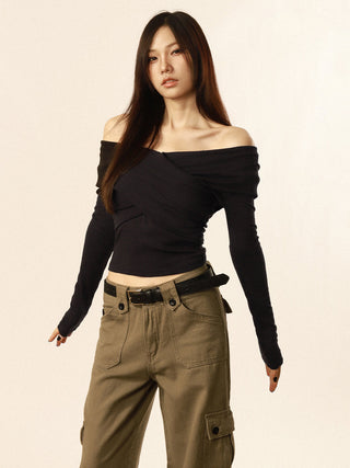V-neck cross long-sleeved top