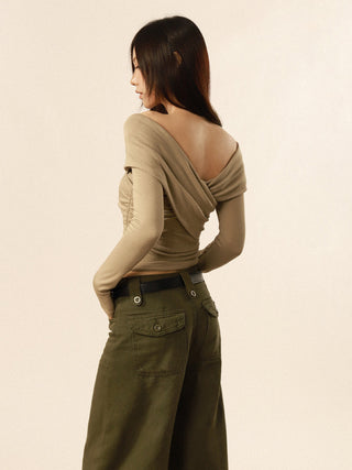 V-neck cross long-sleeved top
