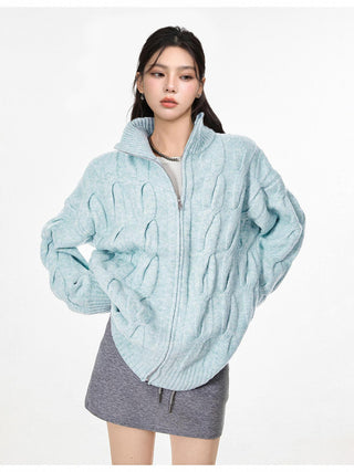 Retro blue stand collar twisted sweater