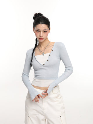 V-neck fake two-piece contrast color knit top