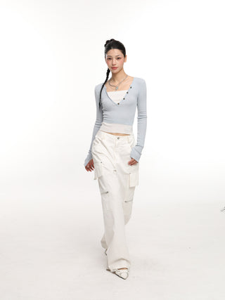 V-neck fake two-piece contrast color knit top