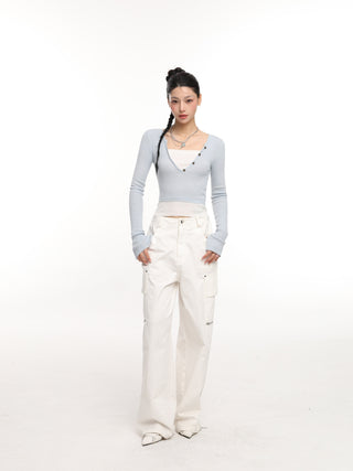 V-neck fake two-piece contrast color knit top