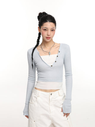V-neck fake two-piece contrast color knit top