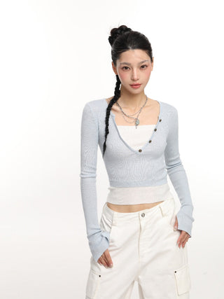 V-neck fake two-piece contrast color knit top