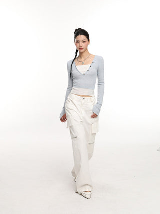 V-neck fake two-piece contrast color knit top