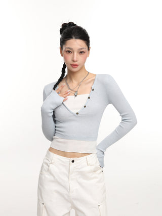 V-neck fake two-piece contrast color knit top