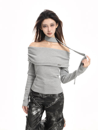 Striped off-shoulder halter neck top