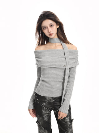 Striped off-shoulder halter neck top
