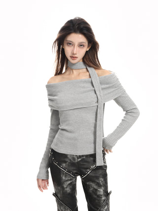 Striped off-shoulder halter neck top
