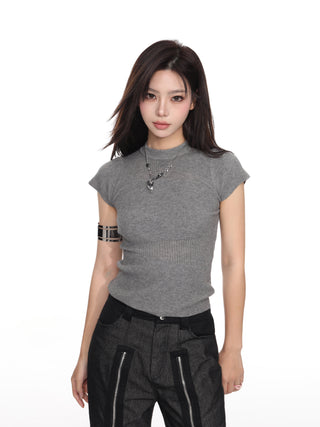 Half turtleneck knitted short-sleeved tee