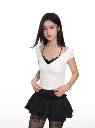 Short-sleeved slim fake two-piece top