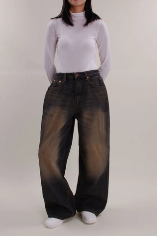 Washed Folding Denim Wide Pants