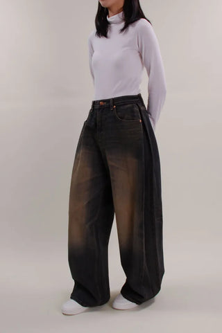 Washed Folding Denim Wide Pants