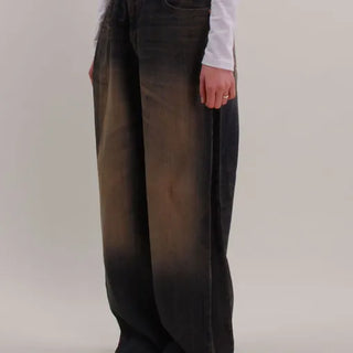Washed Folding Denim Wide Pants