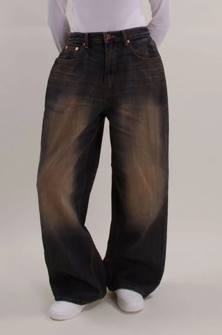 Washed Folding Denim Wide Pants