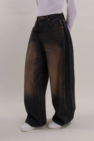 Washed Folding Denim Wide Pants