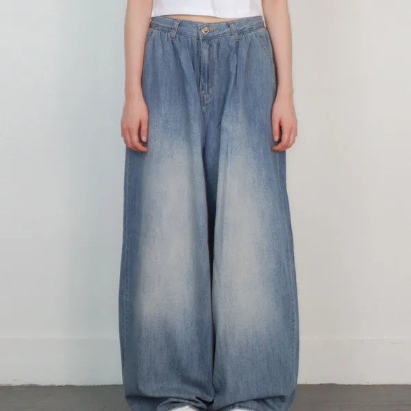 Airy Shirring Wide Denim Pants