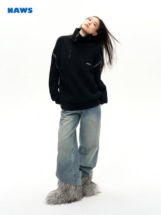 [NAWS] Double-ZIP High Neck Knitted Jacket