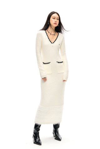 [NAWS] Woolen Mohair V-Neck Knit Dress White