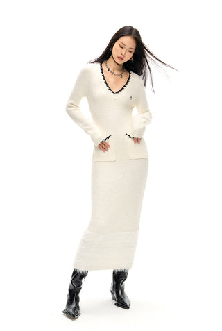 [NAWS] Woolen Mohair V-Neck Knit Dress White
