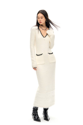 [NAWS] Woolen Mohair V-Neck Knit Dress White