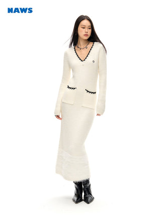 [NAWS] Woolen Mohair V-Neck Knit Dress White