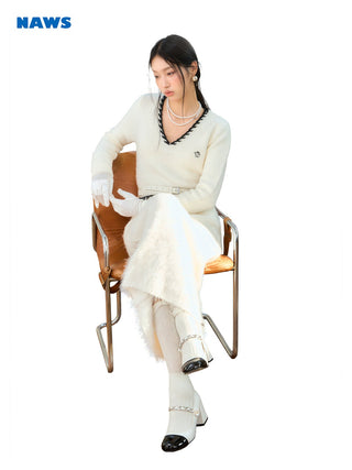 [NAWS] Woolen Mohair V-Neck Knit Dress White