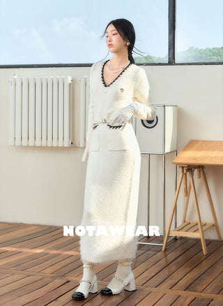 [NAWS] Woolen Mohair V-Neck Knit Dress White