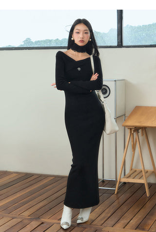 [NAWS] Elegant cross-neck wool knitted dress