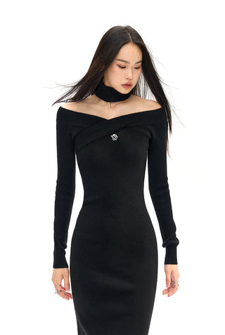 [NAWS] Elegant cross-neck wool knitted dress