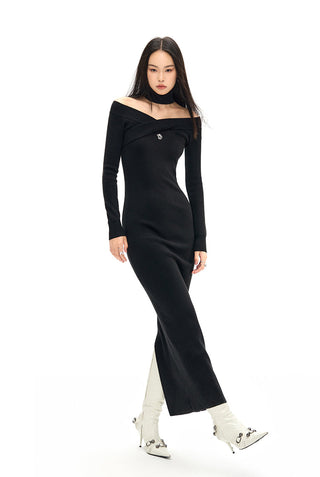 [NAWS] Elegant cross-neck wool knitted dress