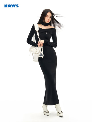 [NAWS] Elegant cross-neck wool knitted dress