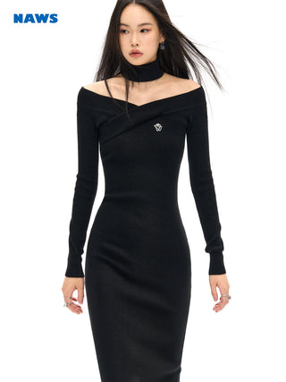 [NAWS] Elegant cross-neck wool knitted dress