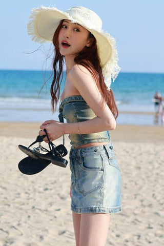 [NAWS] Denim Tube Top Miniskirt Set
